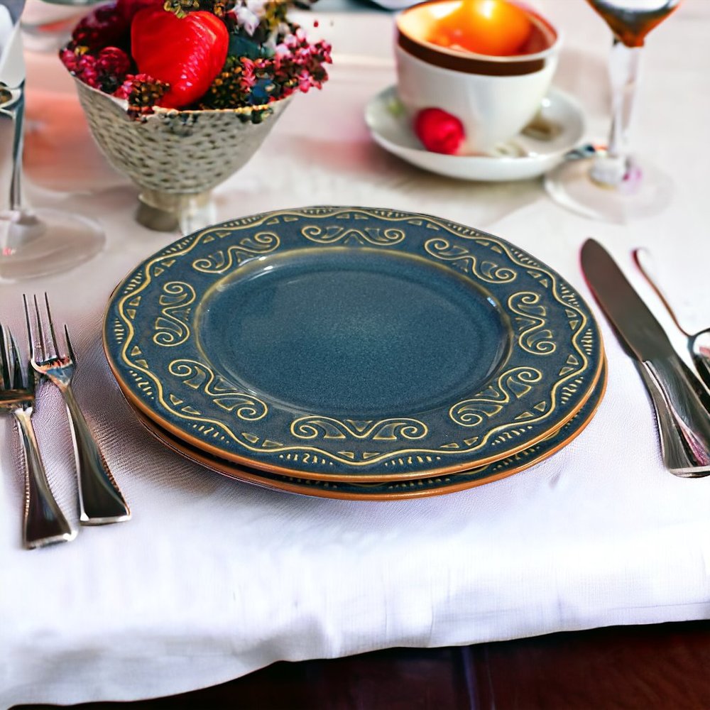 Set of 2 Pier 1 TUNISIA 8 1/2" Blue with Tan Scroll Lunch/Salad Plates